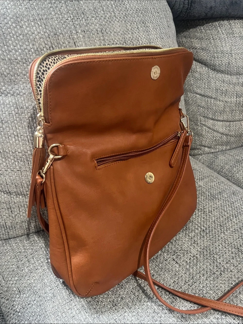 Classic Tan Leather-Style Tassel Crossbody Bag